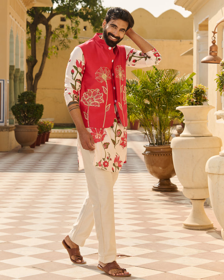 Nirav Pink Embroidered Chanderi Jacket And Printed Kurta Set