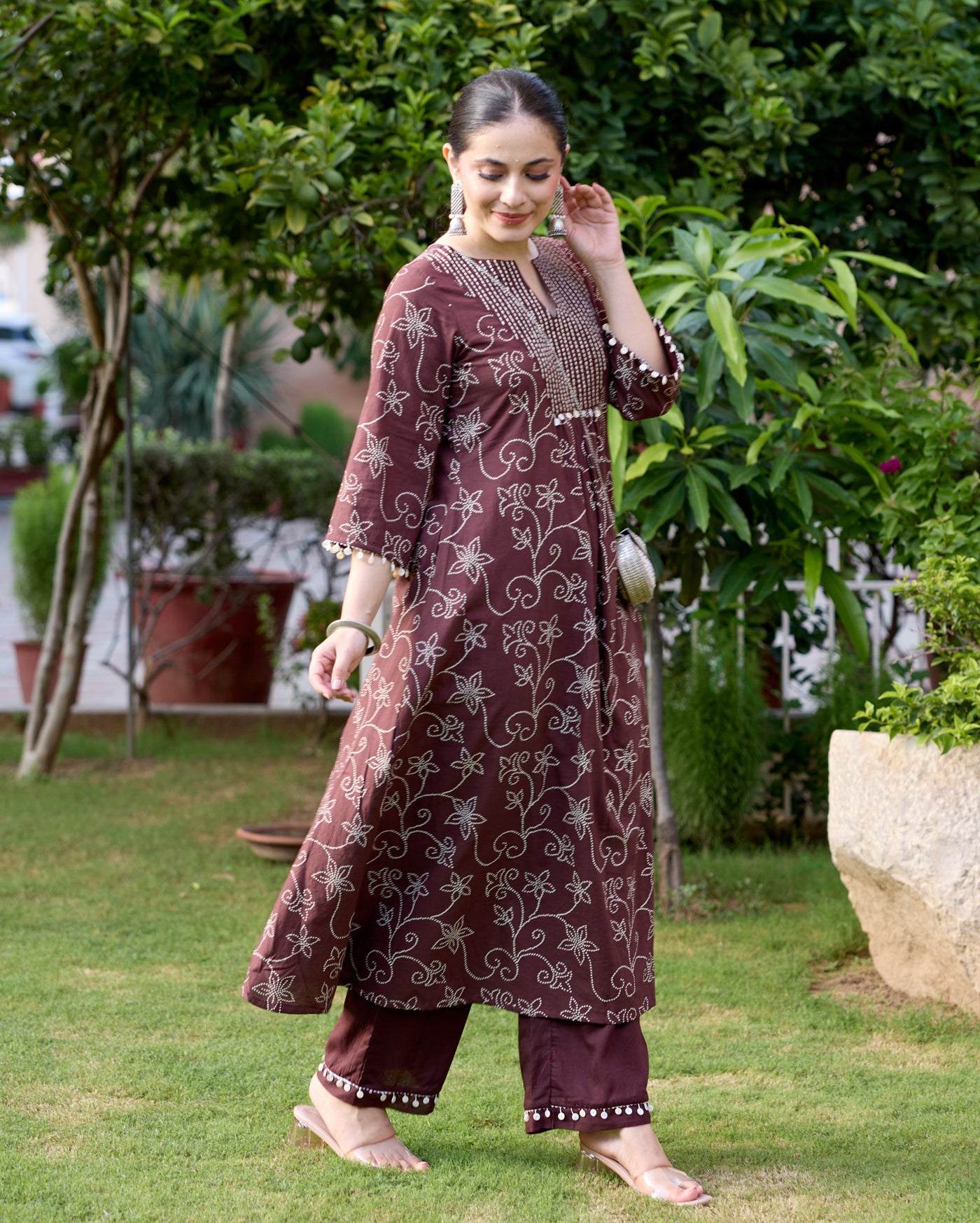 Nida Brown Bandhani Cotton Kurta Set