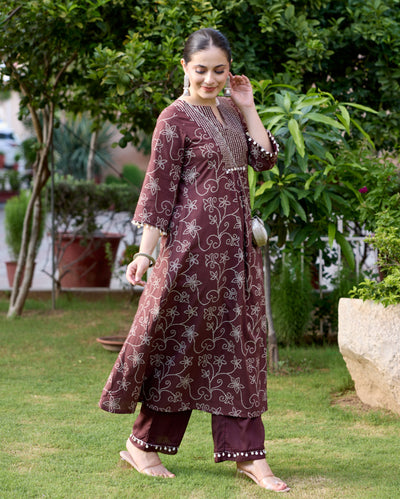 Nida Brown Bandhani Cotton Kurta Set