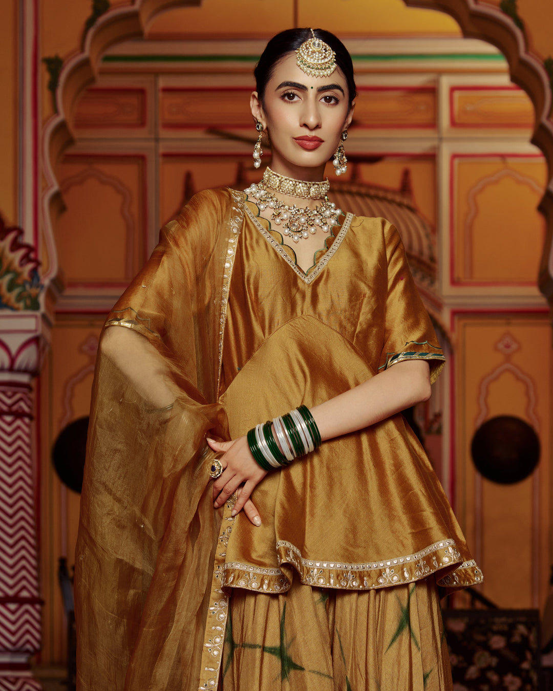 Anmol Mustard Embroidered Tie-Dye Chanderi Suit Set