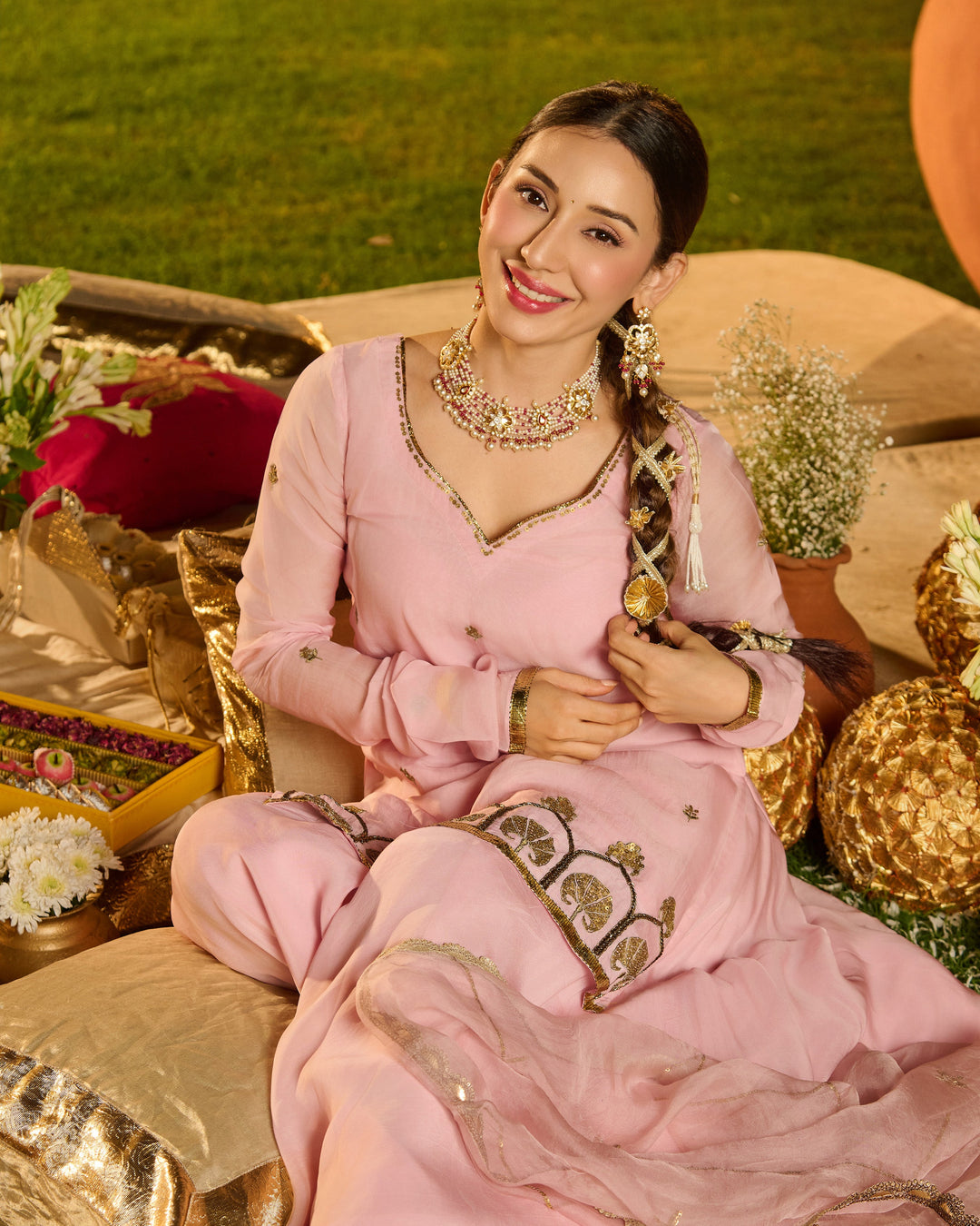 Deepra Baby Pink Embroidered Viscose Organza Suit Set