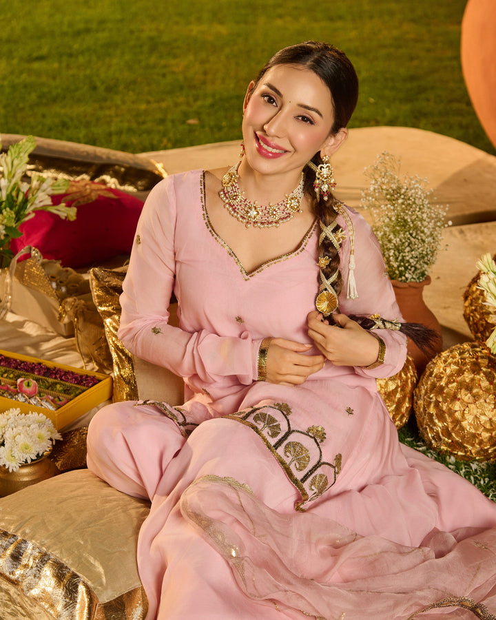 Deepra Baby Pink Embroidered Viscose Organza Suit Set