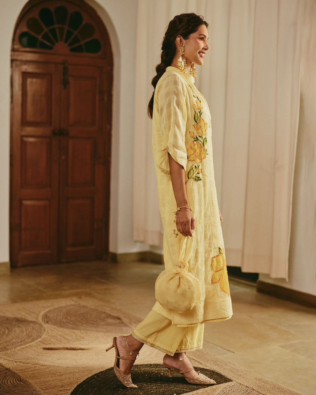 Zivya Yellow Handpainted Cotton Checks Coord Set