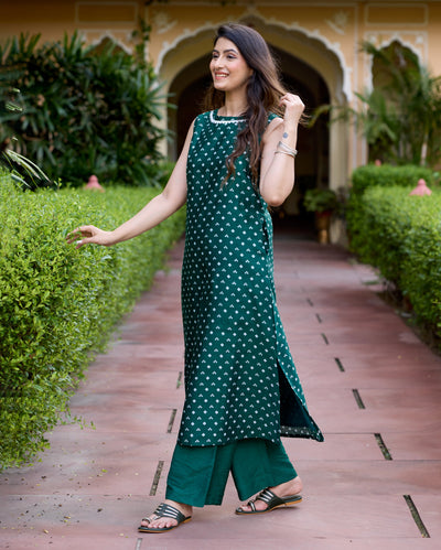 Saj Green Bandhani Chanderi Kurta Set