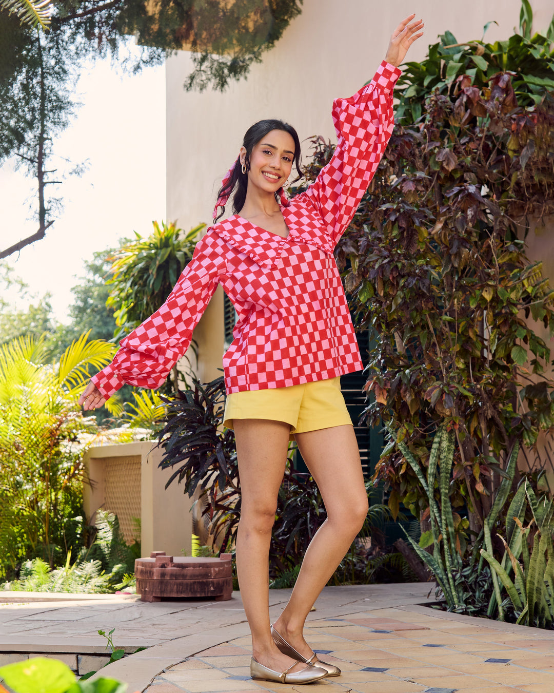Viola Red and Pink Cotton Checks Printed Top