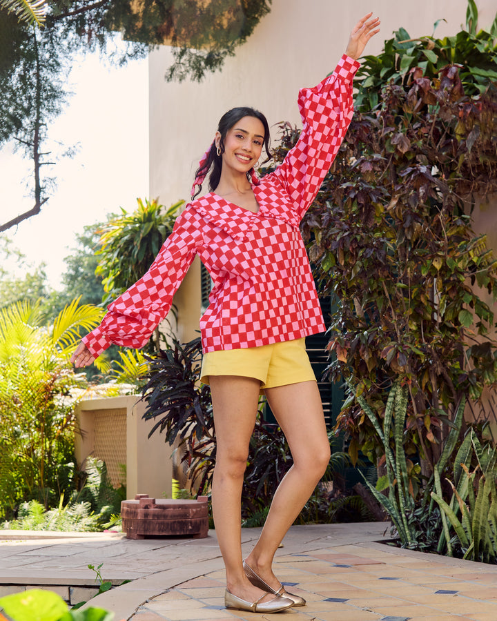 Viola Red and Pink Cotton Checks Printed Top