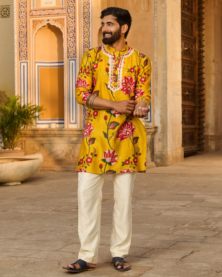 Arjun Mustard Printed Chanderi Kurta