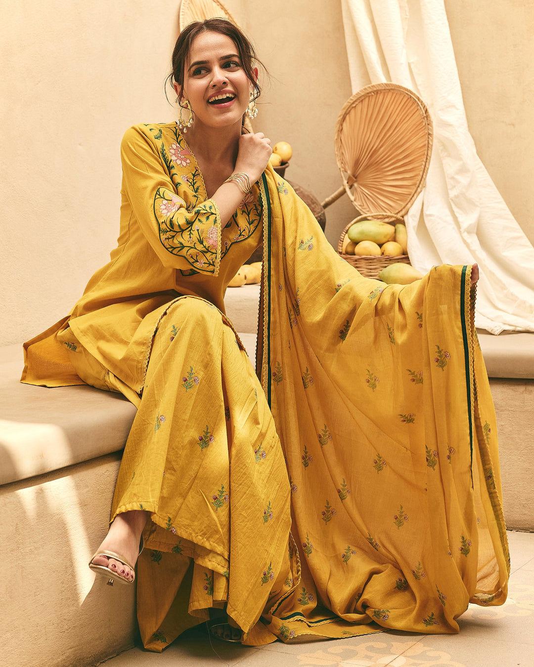 Sima Mustard Cotton Printed Sharara Set