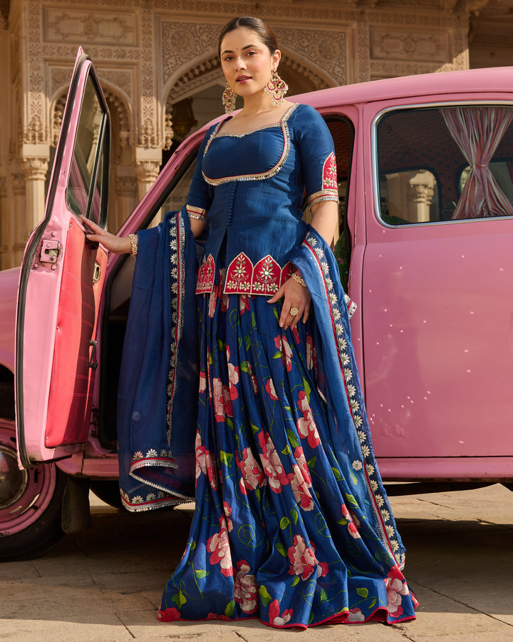 Taj Blue Printed Chanderi Lehenga Set
