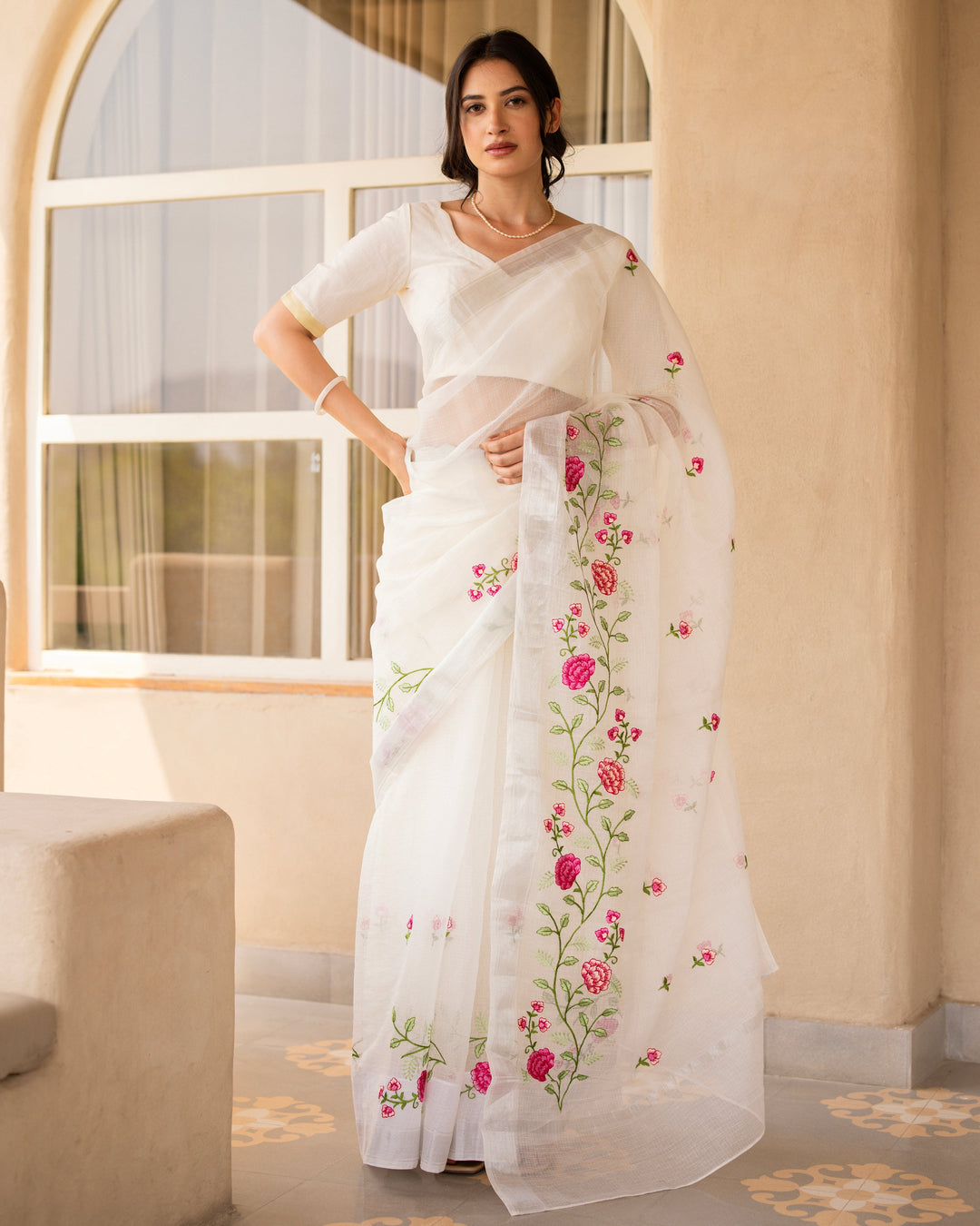 Safed White Doria Embroidered Saree