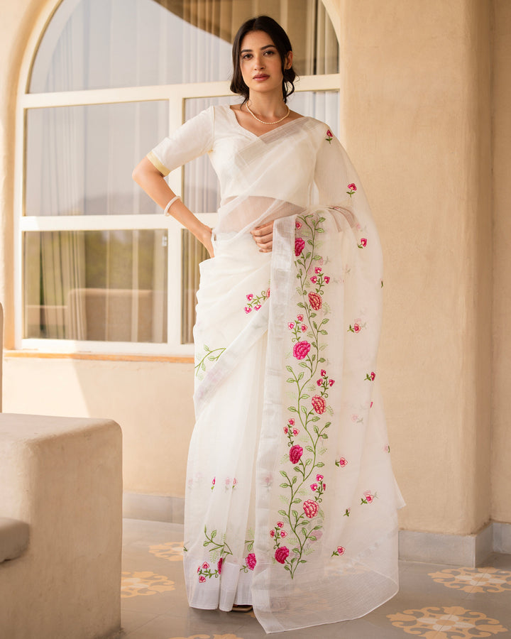 Safed White Doria Embroidered Saree