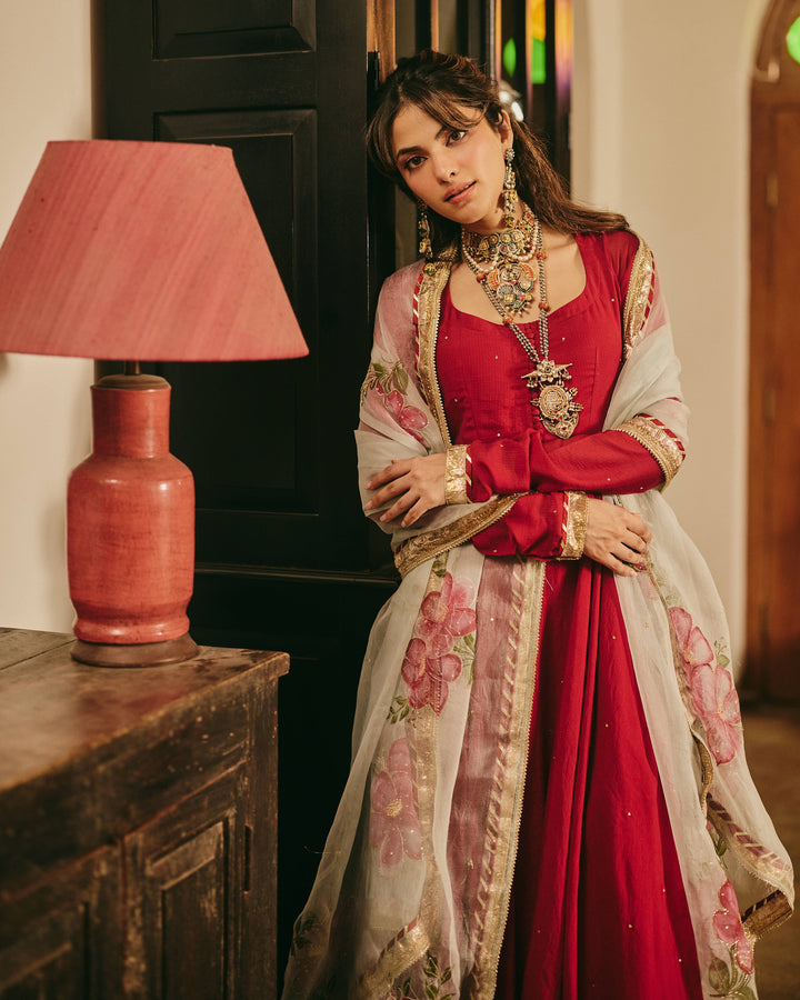 Chitrangi Maroon Handpainted Cotton Checks Suit Set