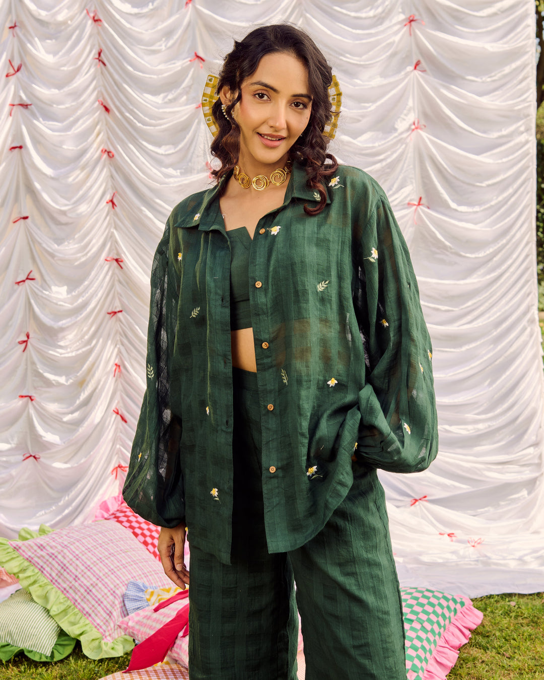 Gina Green Embroidered Cotton Checks Solid Coord Set