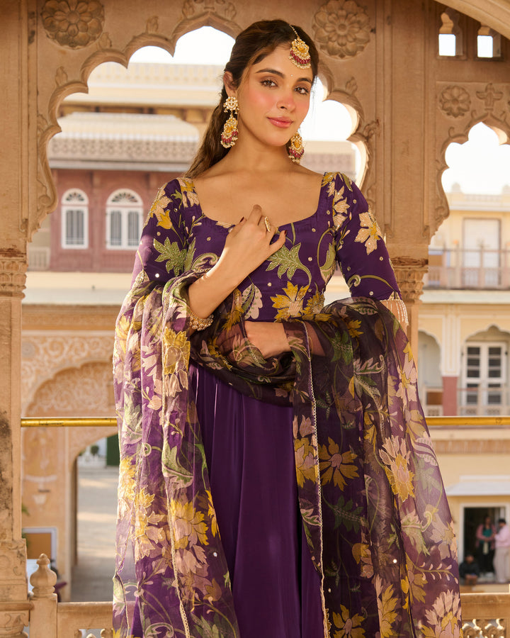 Anjula Purple Printed Crepe Suit Set
