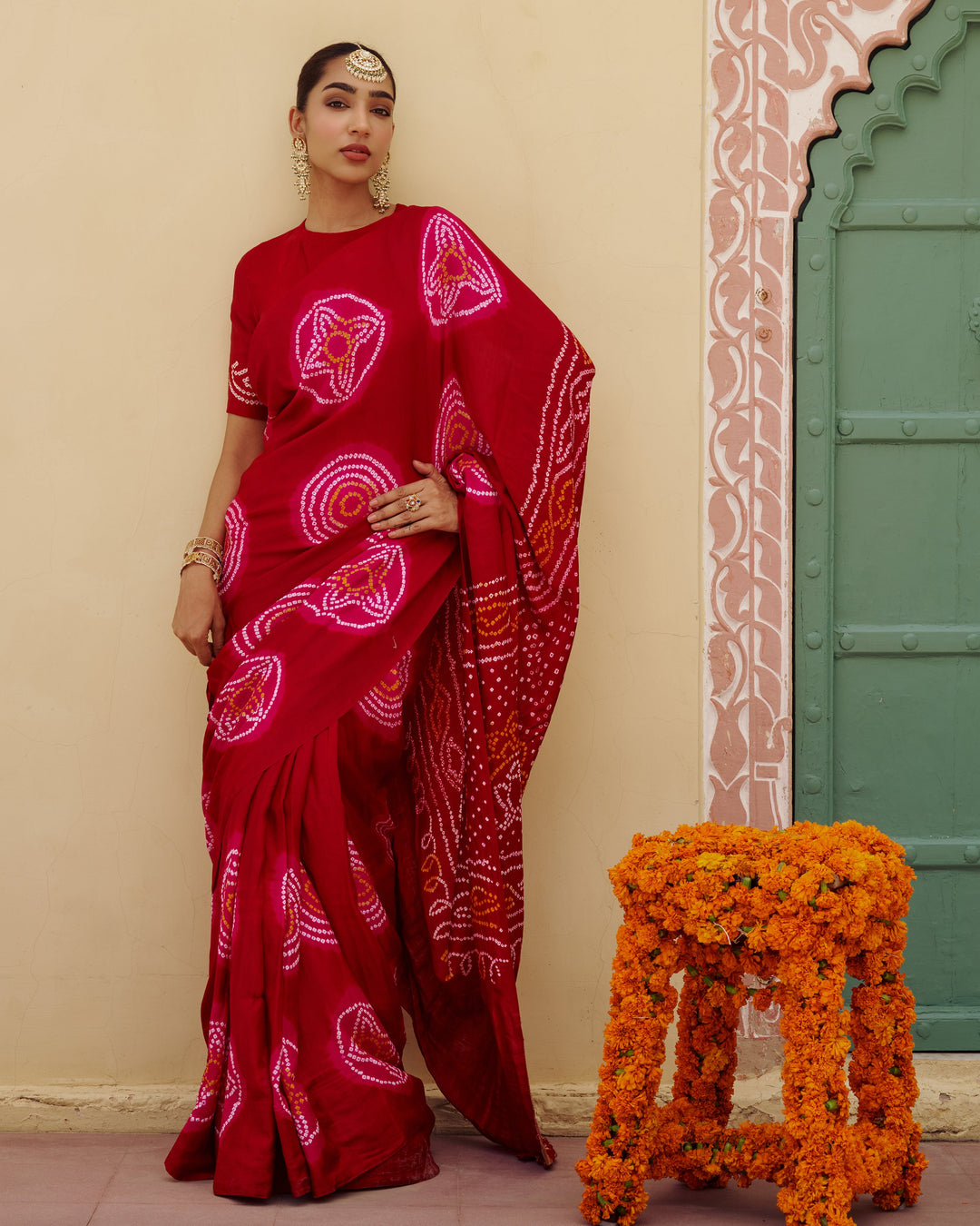 Maru Red Bandhej Silk Saree