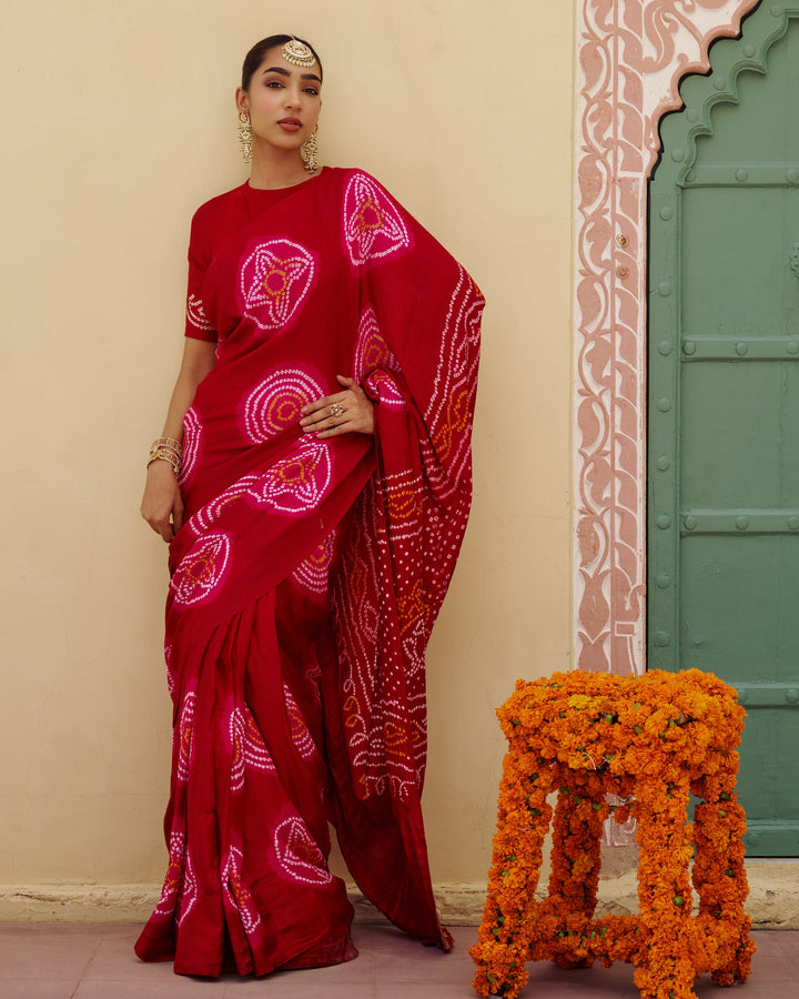 Maru Red Bandhej Silk Saree