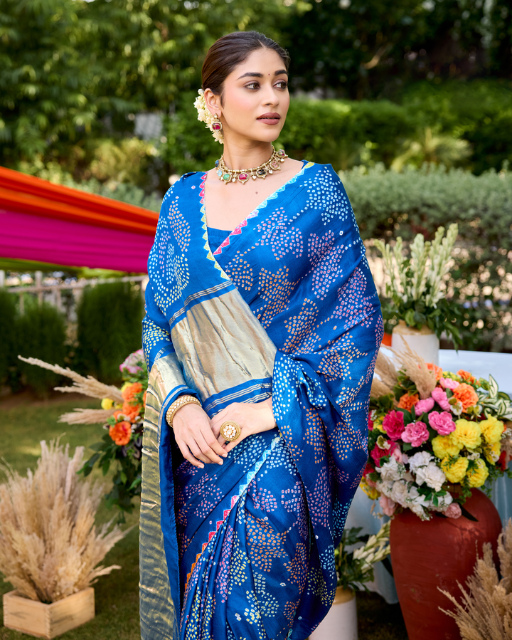 Mohini Blue Gajji Silk Bandhej Saree