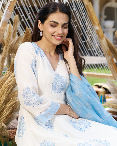Rudra White Printed Silk Suit Set