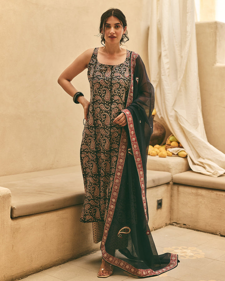 Ivana Black Cotton Printed Suit Set