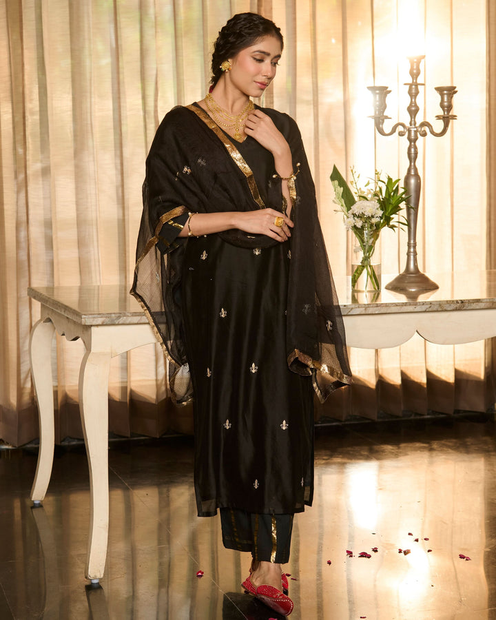 Suvarna Black Solid Chanderi Suit Set