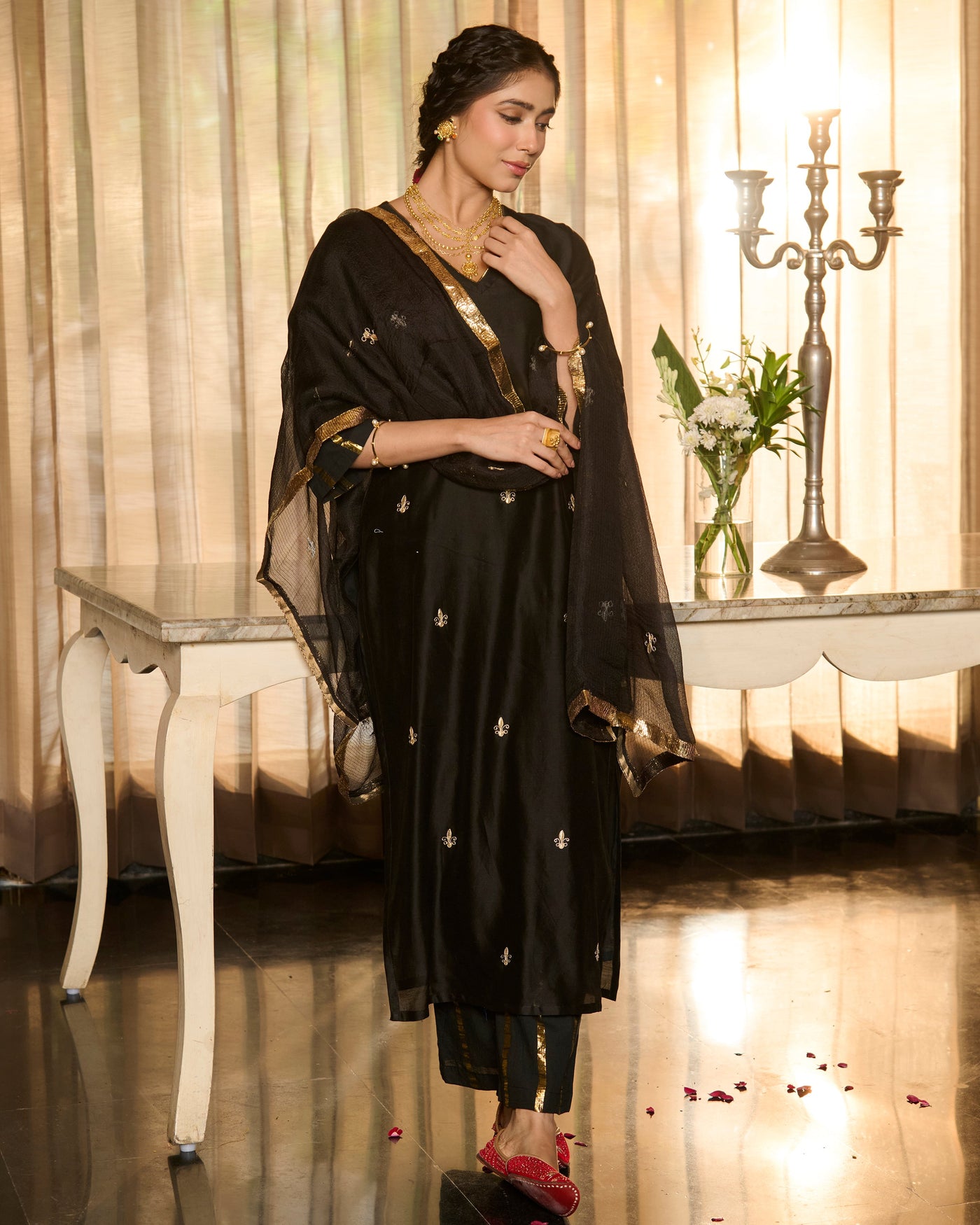 Suvarna Black Solid Chanderi Suit Set