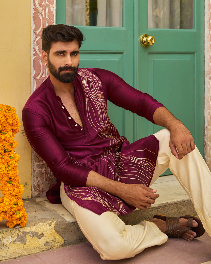 Sivet Plum Chanderi Embroidered Kurta