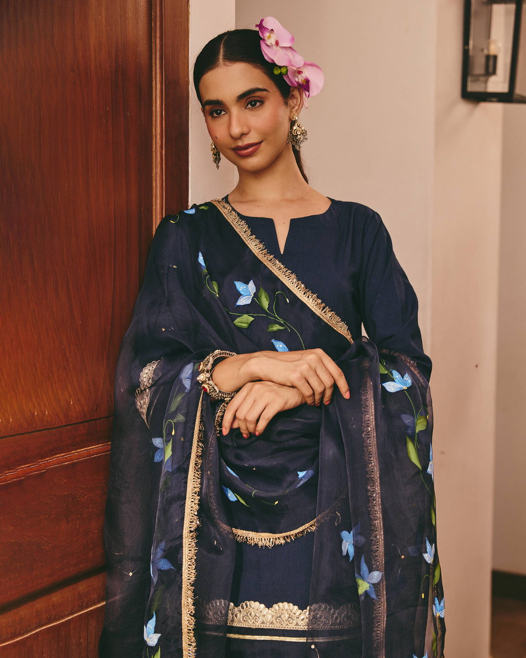 Lace Blue Handpainted Cotton Suit Set