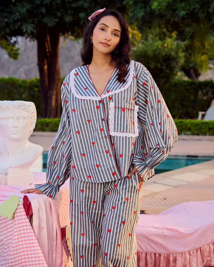 Safari Grey Cotton Stripes Printed Loungewear
