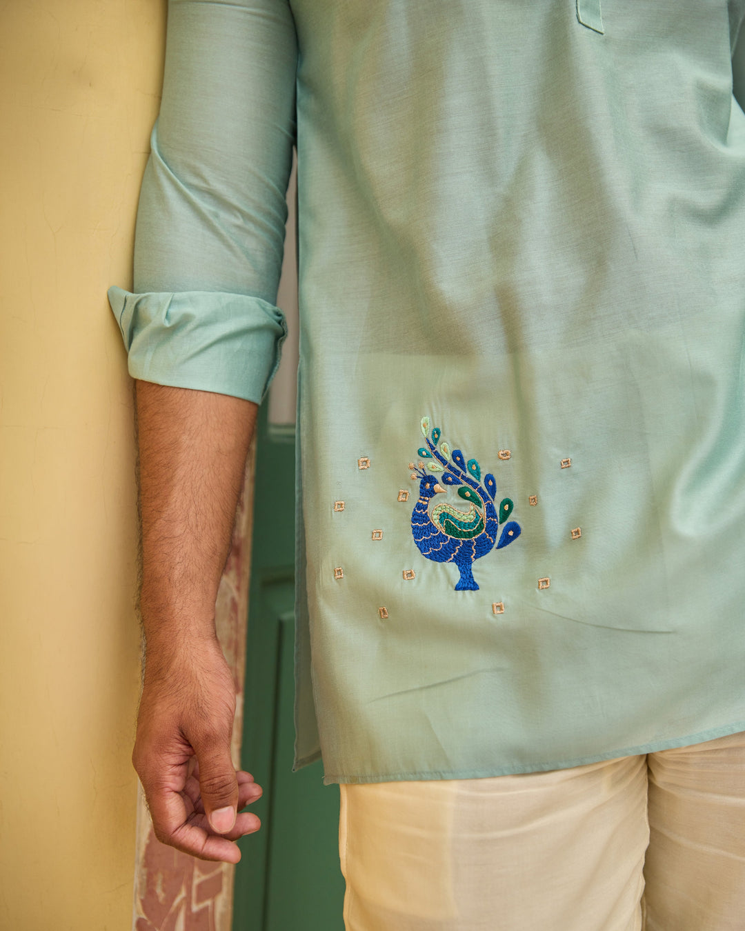 Himant Turquoise Blue Embroidered Chanderi Kurta
