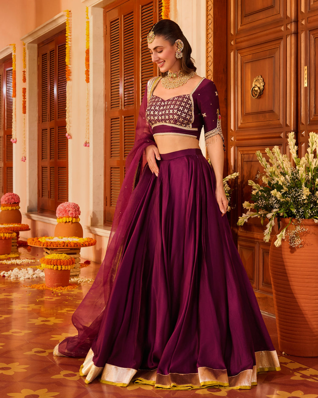 Taarika Purple Embroidered Chanderi Lehenga Set
