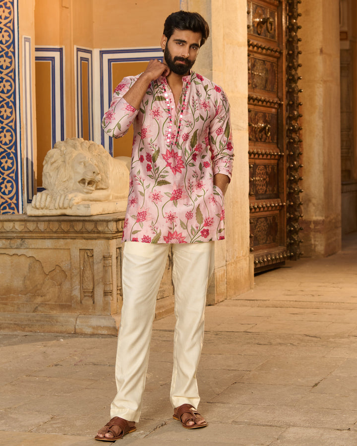 Anirudh Pink Printed Chanderi Kurta