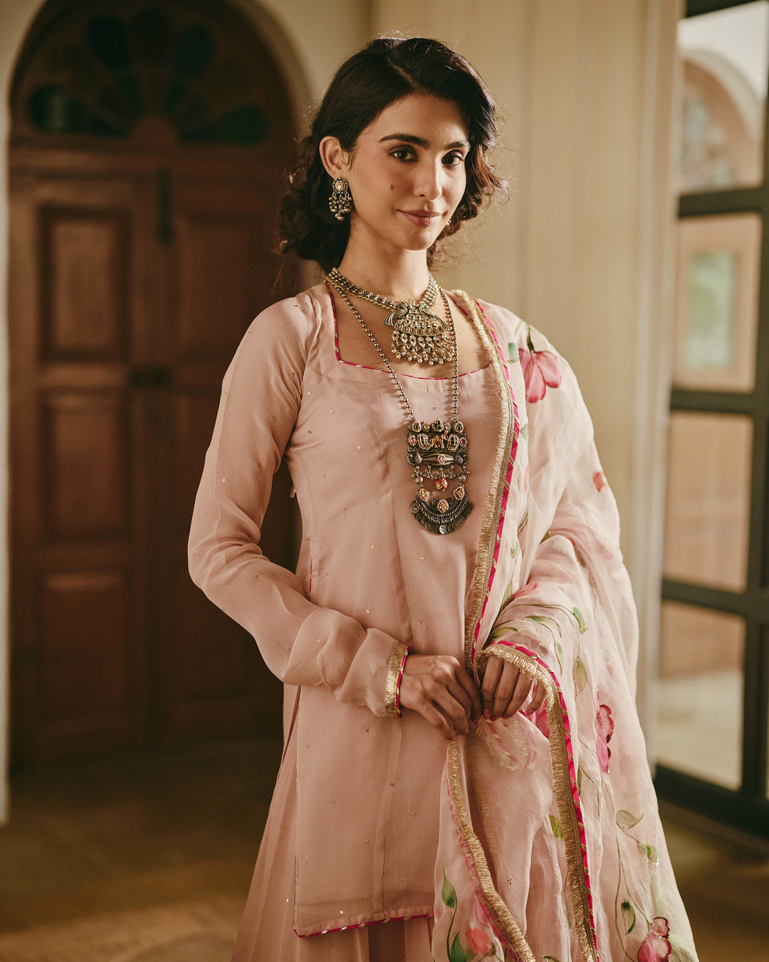 Sarthak Beige Handpainted Viscose Organza Suit Set