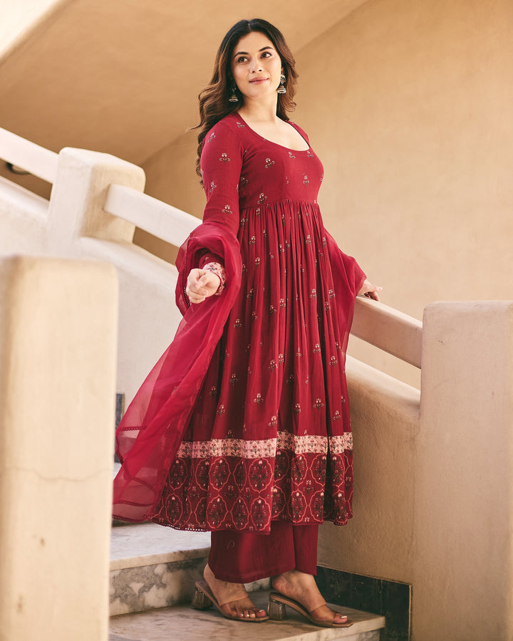 Sara Maroon Cotton Crush Printed Suit Set