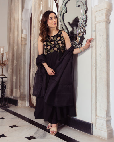 Shadow Black Embroidered Cotton Suit Set