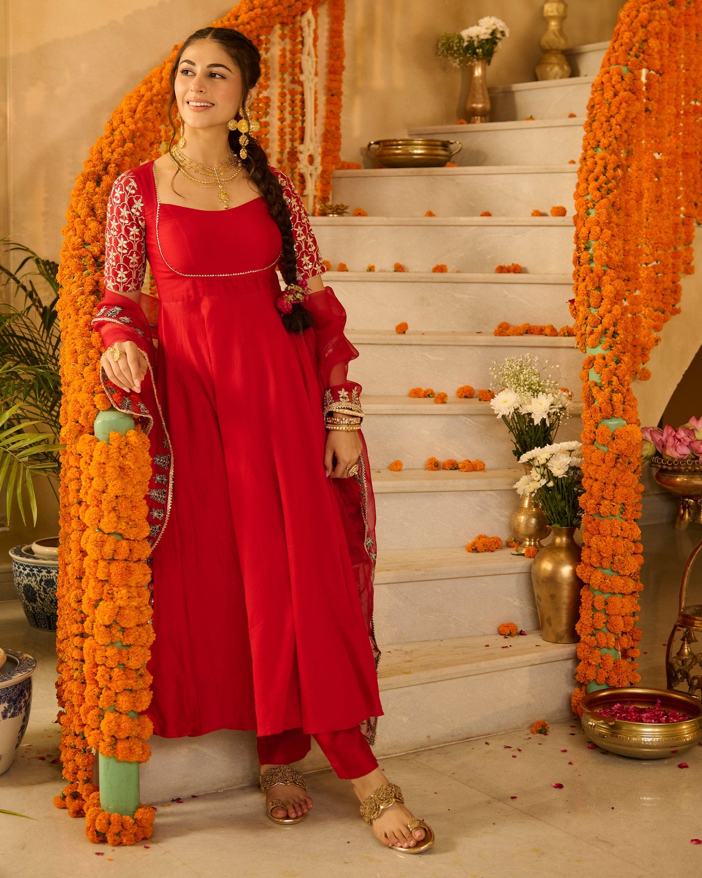 Roli Red Solid Chanderi Suit Set