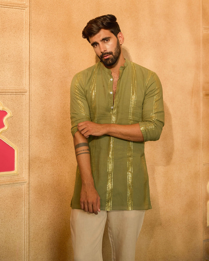 Tarangit Olive Knitted Lurex Kurta
