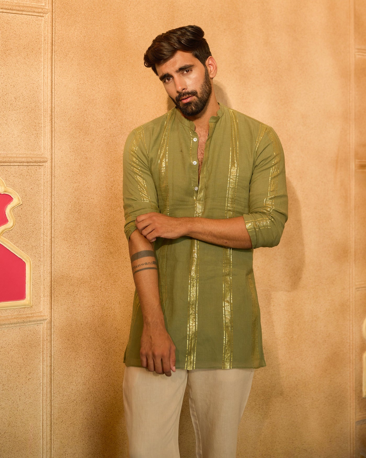 Tarangit Olive Knitted Lurex Kurta