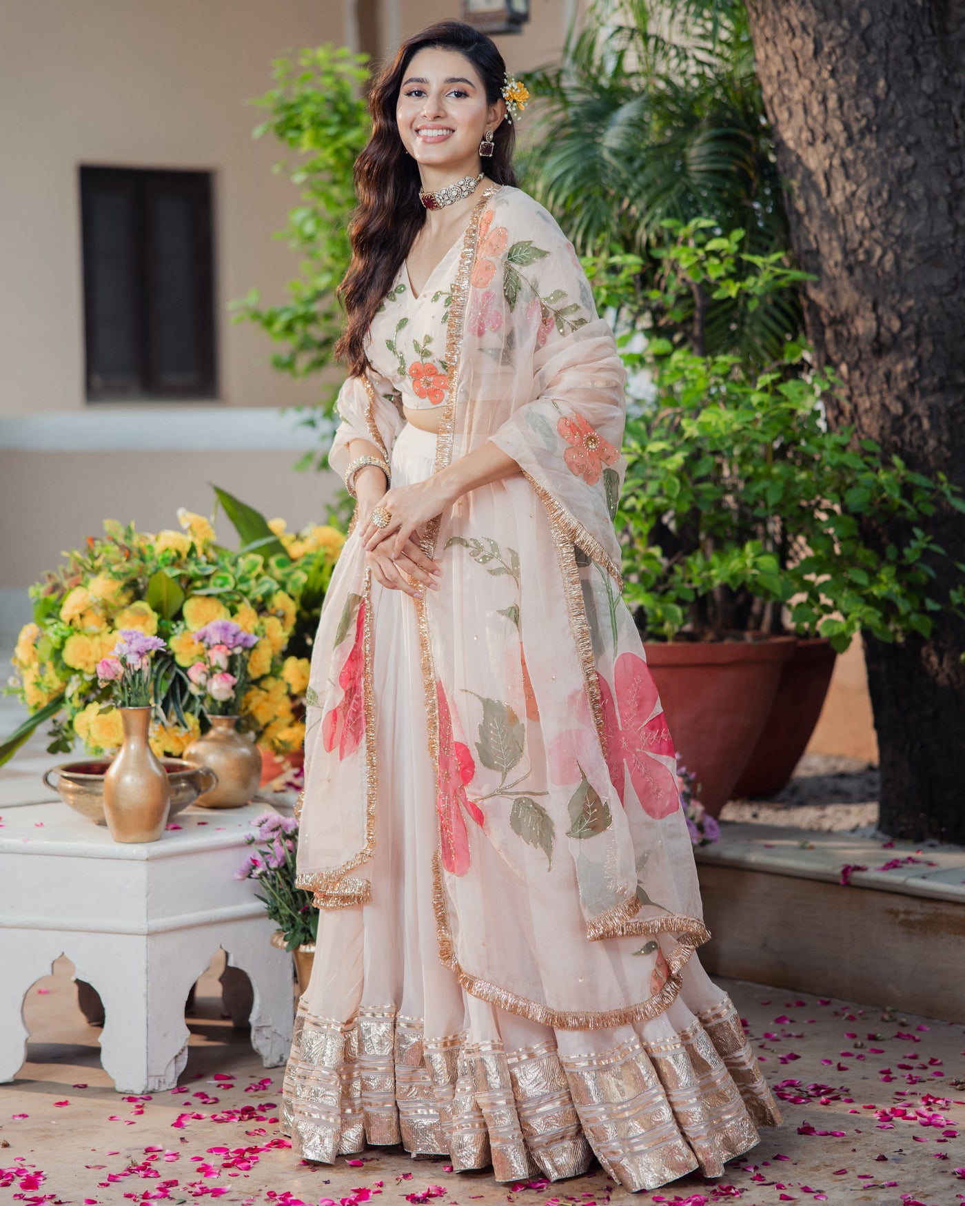 Gulzar Ivory Handpainted Viscose Organza Lehenga Set