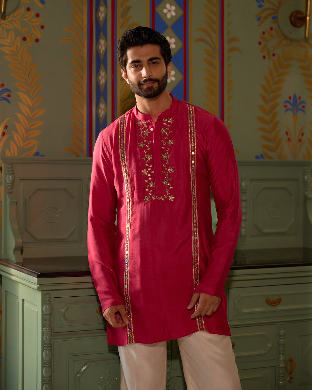 Devdas Pink Silk Embroidered Kurta