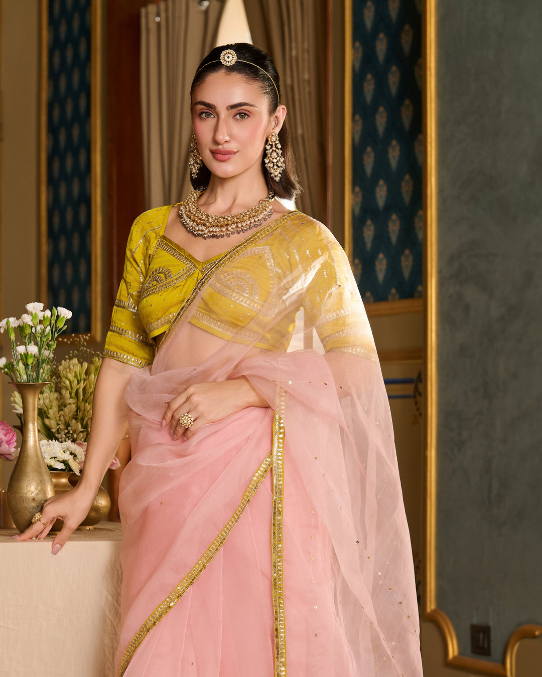 Eira Neon Embroidered Satin Aangi Blouse And Saree