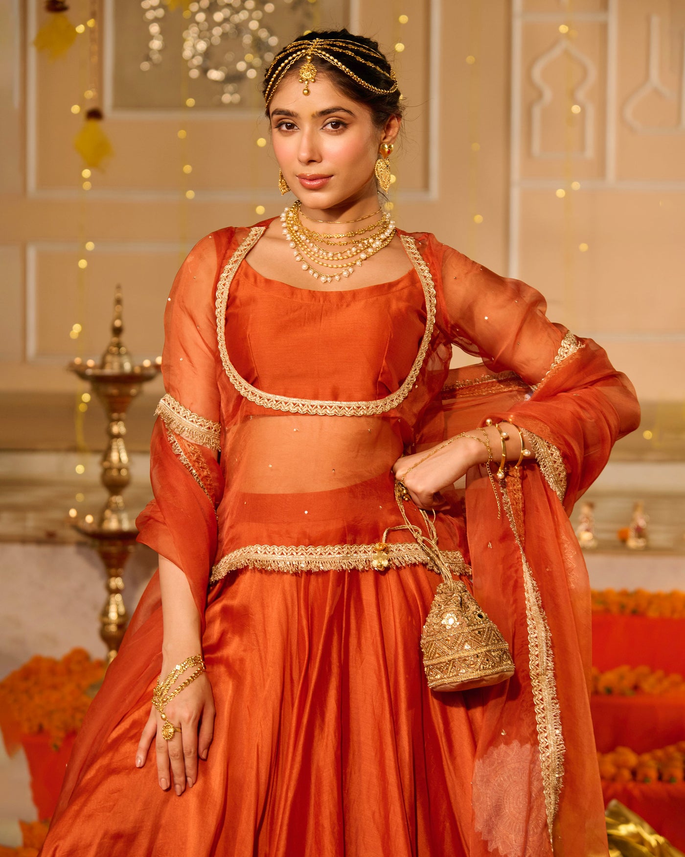 Deepa Orange Solid Chanderi Lehenga Set