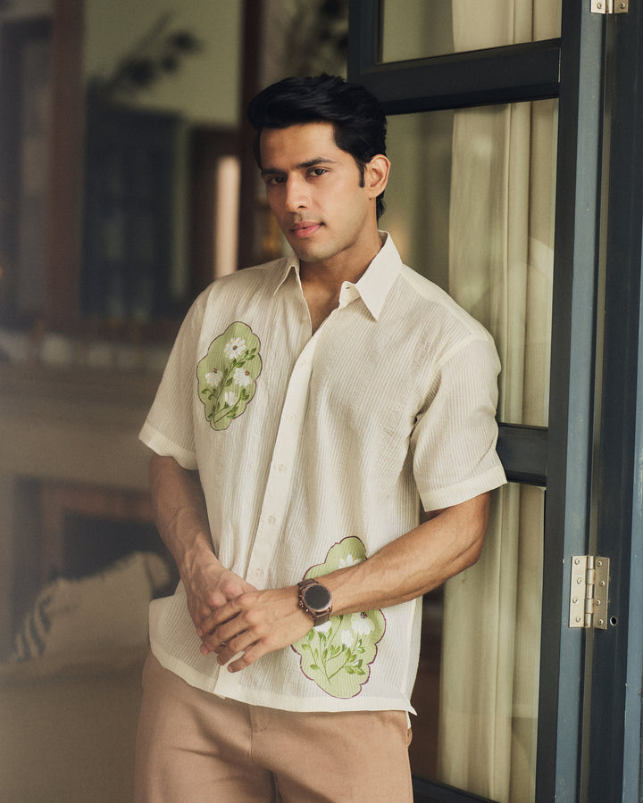 Sahil Off White Cotton Dobby Handpainted Shirt