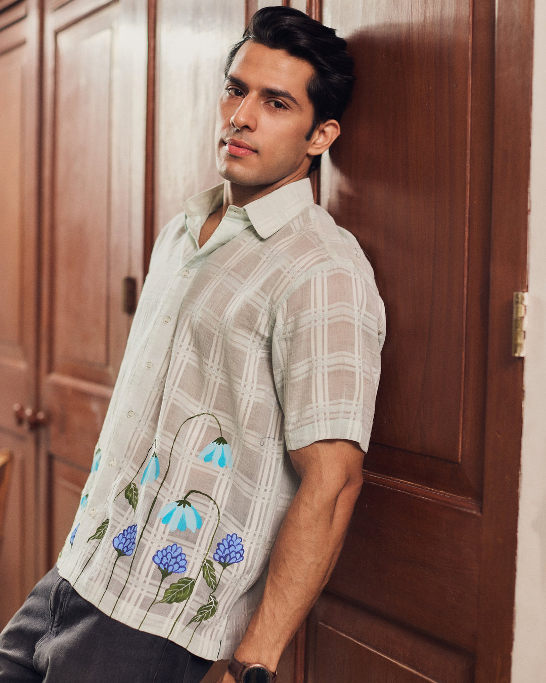 Shrey Light Blue Cotton Dobby Handpainted Shirt