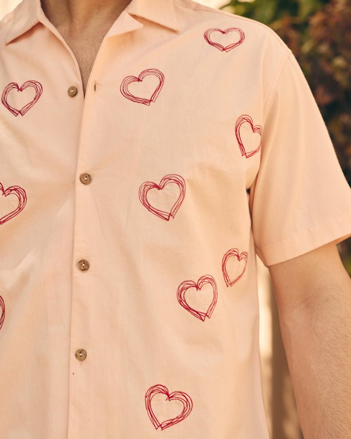 Pexo Peach Cotton Embroidered Printed Shirt