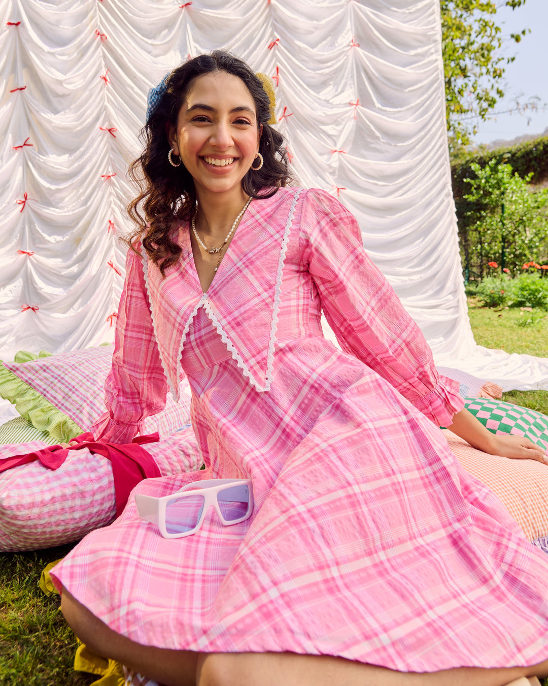 Defne Pink Cotton Checks Dress
