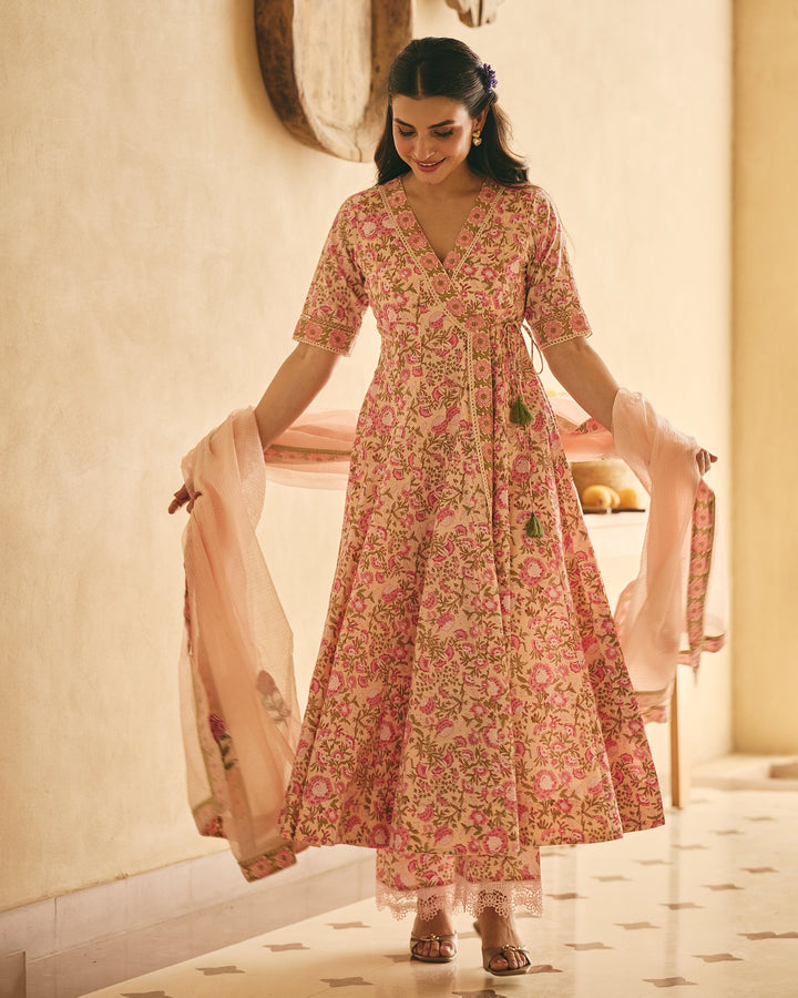 Dima Peach Cotton Printed Suit Set