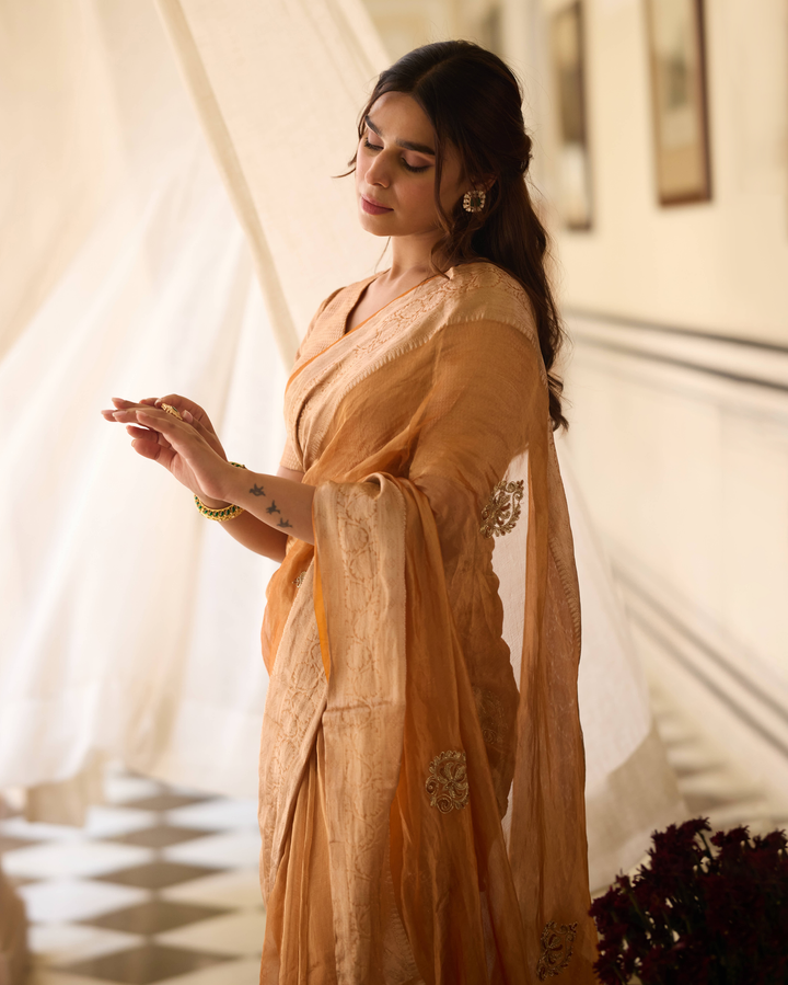 Kiranika Orange Handcrafted Tissue Saree