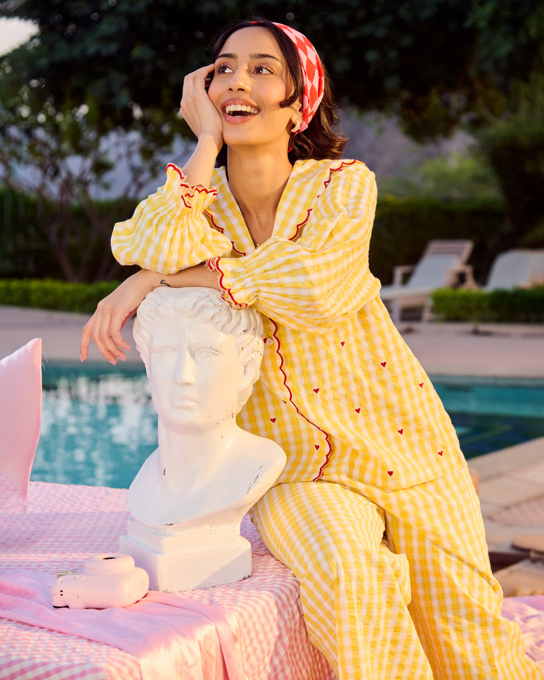 Bianca Yellow Embroidered Cotton Checks Loungewear