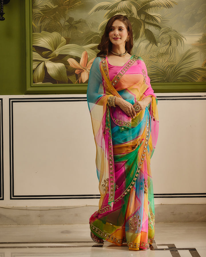 Shehnaz Dark Multi Color Leheriya Chiffon Saree