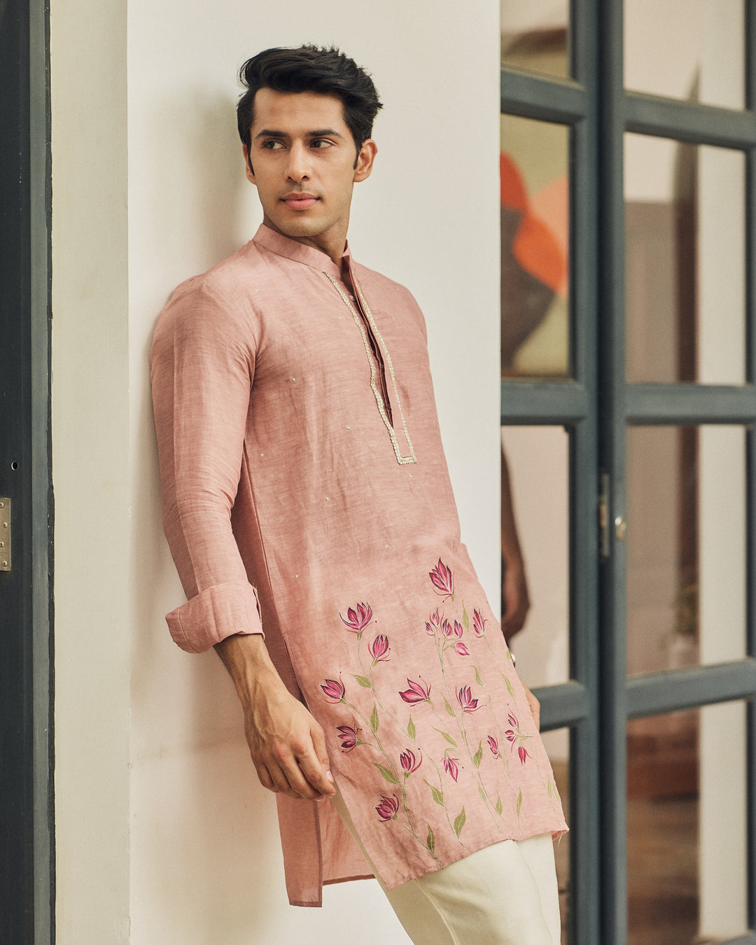 Rishan Peach Handpainted Silk Kurta